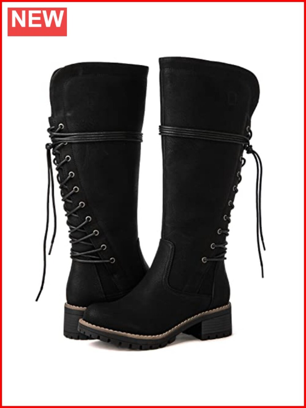 GLOBALWIN Lace Up Back Knee High Fashion Boots Faux Leather Vegan